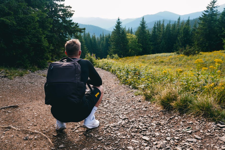 A secluded hiker admiring a scenic mountain view on a sunny day.