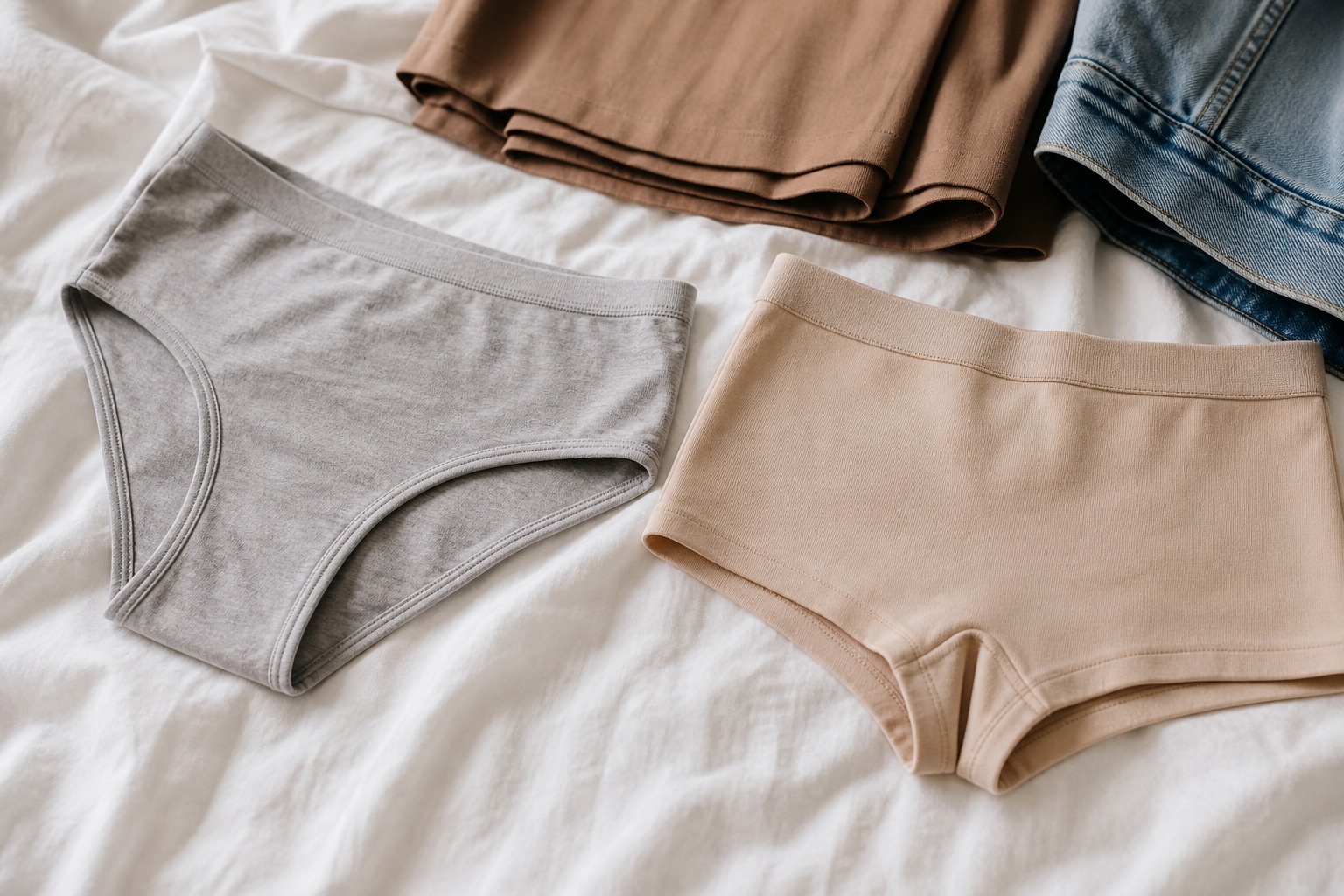 neutral briefs and boyshorts arranged for a wardrobe guide