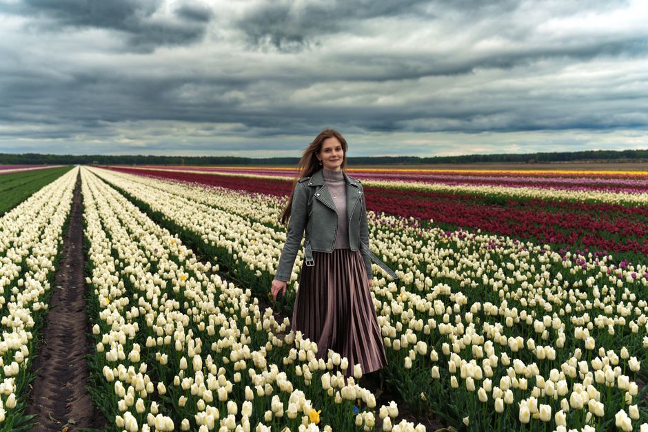 A woman walks through a colorful tulip field under a dramatic cloudy sky.